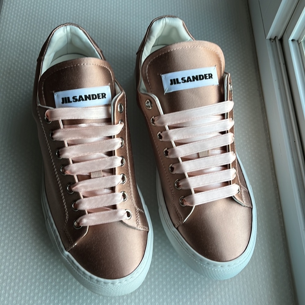 NWT - Women's Jil Sander JS28110 Pink Satin Sneakers ribbon laces/ Size 38-8US
